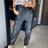 High Waist Faux Leather Trousers Female Big Pockets Design Vintage Streetwear Casual Women Straight Pant 2021 New Spring