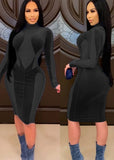 Sexy Velvet Mesh Patch High Neck Long Sleeve Bodycon
