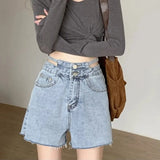 Fashion Women's Denim Shorts High Waisted For Summer Solid Raw Edge Korean Version Casual Hollow Out Wide Leg Jean