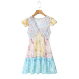 Retro French style Contrast Color Flower Print V neck Mini Dress Sexy Short Flying Sleeve Ruffles Hem Slim Waist Robe-Outfit