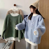 QWEEK 2021 Autumn Lamb Wool Letter Oversized Hoodies Warm Korean Style Casual Harajuku Long Sleeve Pillove Sweatshirt