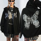Y2K Harajuku Women Hoodies Oversize Butterfly Print Zipper Sweatshirts Hip Hop Loose Hooded Long Sleeve Female Hoodies