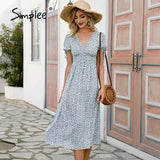 Party Women floral print dress Elegant women puff sleeve a line v neck sash dress High waist work wear office lady dress