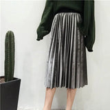 Spring 2019 Women Long Metallic Silver Maxi Pleated Skirt Midi Skirt High Waist Elascity Casual Party Skirt