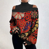 Women's Lantern Sleeves Geometric Print Tshirts Top Casual Loose Pullover High Neck T-shirt Roupas