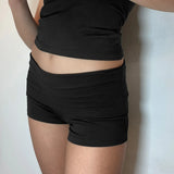 Women's Y2K Elastic Double Fold Low Waist Solid Color/Leopard Print/Striped Summer Streetwear Casual Slim Fit Shorts-Outfit