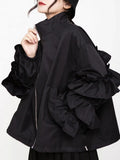 Loose Fit Black Ruffles Stitch Big Size Jacket New Lapel Long Sleeve Women Coat Fashion Tide Spring Autumn 2023