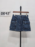 Women's Denim Skirt High Waist Double Pockets Navy Blue American Cargo Style Mini Skirt 2024 Summer New Fashion 29L2333-Outfit