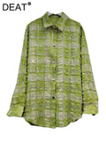 Women's Denim Shirt Loose Patchwork Burrs Edge Distressed Checkered Single Breasted Diamond Blouse 2024 Summer New Fashion-Outfit