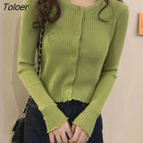 Green Thin Knitting Cardigan Women Spring Summer Button Up Long Sleeve Cropped Top Woman Round Neck Solid Color