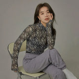 Korean Fashion Mesh Tops Renaissance Print See Through Sheer Tops Kpop Designer Clothes Turtleneck T-shirts Japanese