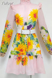 Casual A Line Dress For Women Stand Collar Long Sleevehigh Waist Spliced Belt Hit Color Mini Dresses Female Clothing