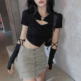 Street Short Sleeve T-shirt Women Harajuku Summer Hollow Out Slim Design Ins Korean Style Above Navel Cropped Top All-match-Outfit