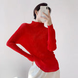 Wrinkled Women's Cul-De-Scress T-Shirt Blouse Femininity Half-High Collar Design Sense Fashion Hit-And-Dial
