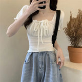 With Drawstring T-Shirt For Girls Summer New Retro French Style Collar Temperament Collar Collar Short Sleeve Top In