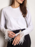 Fur Feather Patchwork Shirts 2023 Elegant Women Spring Summer Long Sleeve Slim Office Lady Shirts Blouses O-neck Tops-Outfit