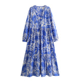 Spring Printed V-Collar Stitched Long-Sleeved Dress 9878093-Outfit
