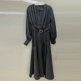 Spring Dress For Women V Neck Lantern Sleeve High Waist Solid Minimalist Midi Dresses Female Fashion Clothing