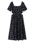 Black Square Collar Bandage Puff Sleeve Print Chiffon Midi Maxi Dresses for Women Party Dress Korea Clothing Summer