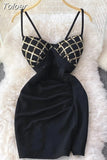 Sequins Plaid Mini Bodycon Dress Women Summer V-neck Sleeveless Spaghetti Strap Mesh Patchwork Party Dress Fashion