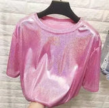 summer retro style stylish bright silk woman tops shiny loose short sleeve t-shirt sexy club aesthetic harajuku women