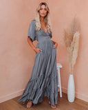 Maxi Dresses For Women Summer 2022 Loose Flounced Edge V Neck Solid Color High Waist Bohemian Beach Long