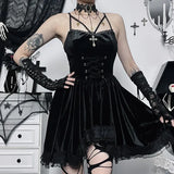 Halloween Dark Suede Tie Waist Dress Sexy Lace Suspender Skirt Woman-Outfit