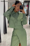 Fashion Faux Leather Women Suit Turn Down Collar Button Crop Coat Top High Waist Split Midi Skirt Fall Two Piece