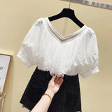 Lace Blouse Women New Short Sleeve Ruffle Stitching Chiffon Shirt V-neck Slim Sweet Solid Korean Chic Tassel Tops