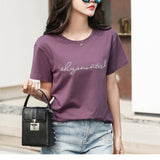 Women's Pullover Round Neck Solid Letter Printing Short Sleeve T-shirt Fashion Casual Large Office Lady Elegant Tops-Outfit