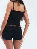 Knitted Ribbed 2 Piece Set Women Outfits Sleeveless Ruched Strap Camis Slim Fit Tank Tops Low Waist Shorts Streetwear-Outfit