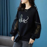 Lace Patchwork Pullovers Female Clothing Casual Round Neck Loose Spring Autumn Printed Korean Long Sleeve