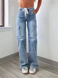 Sales 2025 New Straight Jeans Women's Casual With Multi-Bags Of