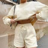 Yiallen Autumn Cotton Solid Two Piece Set Women Early Casual O-Neck Sweater+Drawstring Sporty Shorts Classic Matching