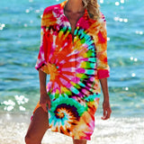 Women Printed Blouse Long Top Tunics Cardigan Half Sleeved Loose Beach Wear Swimwear Ladies Dresses Shirts Button 2023-Outfit