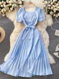 Vintage Square Collar Pleated Dress Women Spring Summer 2021 New Fashion Yellow/Blue/Red High Waist Bandage Party Vestidos