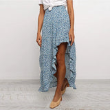 Bohemian Black Ruffle Hem Wrap Floral Print Skirts Women Summer Elastic High Waist Ladies Irregular Long Skirt