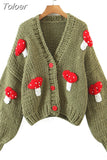 Autumn Winter Sweet Cute Handmade Mushroom Sweater Women Loose V-Neck Casual Short Knit Cardigan Jacket Female