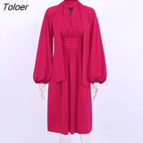 Christmas Low Cut Party Dress Bow Collar Lace Up Hollow Out Pleated Chiffon Dress Lantern Sleeve A-Line Autumn Midi