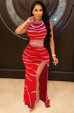 Red Beaded Sexy Crop Top and Slit Long Skirt