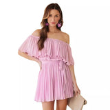 Summer New Solid Color Sexy Folding Short Sleeves Trousers Casual Vacation Single Word Shoulder Shorts