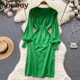 Women Autumn French Knitted Dress O Neck Long Sleeve Sheath Dress Office Lady Fashion Solid Mid Long Sweater