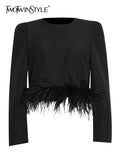 Solid Color Patchwork Feather Blouse For Women O Neck Long Sleeves Crop Top Slim Fit Blouse Female 2022 Spring