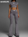 Yoga Basic Solid Pants Set Women Sporty Activewear Slim 2 Piece Sets Short Sleeve Cropped T Shirt High Waist Flare Pants-Outfit