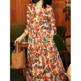 Long Sleeve Loose Printed Midi Dress 2024 Spring Summer Women's Clothing Korean V-Neck Lace Up Ladies Elegant Dresses-Outfit