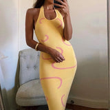 Knit Dress Women Y2K Yellow Print Bodycon Sleeveless Midi Backless Spaghetti Strap Dresses Summer Beach Robe Vestidos