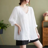 Solid Color Loose T-shirt Petal Sleeve Spring Summer New Women's Clothing All-match Lace Spliced Elegant V-Neck Pullovers-Outfit