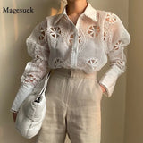 Plus Size Lace White Blouse Women Hollow Out Floral Embroidery High Quality Shirt Sexy See Through Long Sleeve Top