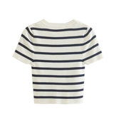 New Bicolor Striped Slim Short Version Short-Sleeved Knitted Blouse-Outfit