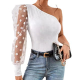 Toloer Women's 2024 New Inclined Shoulder Single Sleeve Wave Dot Mesh Splicing Long Sleeve Waist Show Thin Female Jacket T-Outfit